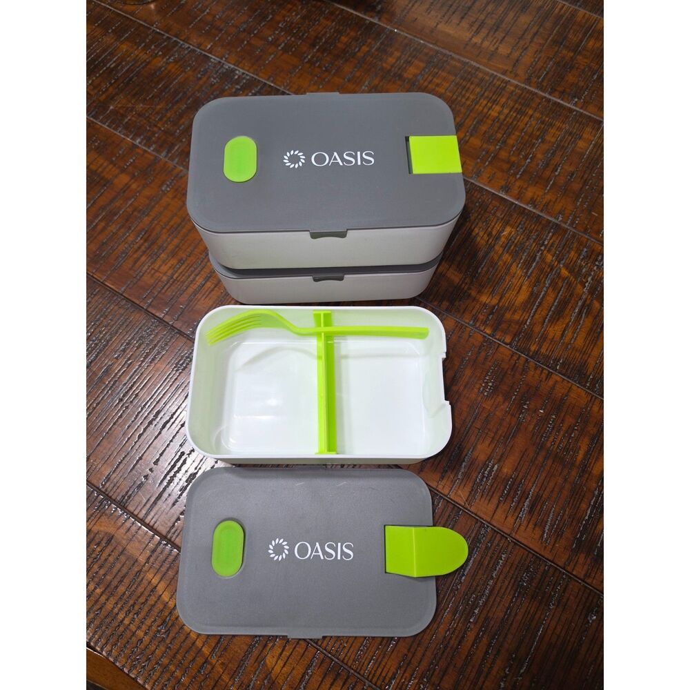 Lot of 3 Oasis Dual Layer Bento Box Gray White Lunch Container Set with Fork